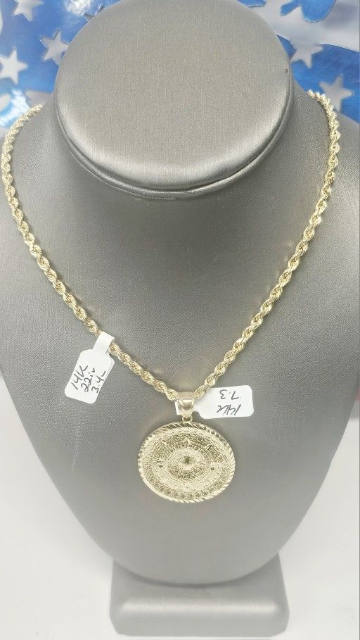 14k Solid 22inch 3.4mm Rope Chain And 14k Pendant 