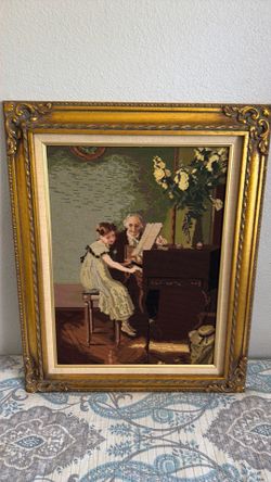 Framed Needlepoint Piano Lesson Scene
