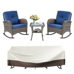 Outdoor Rocking Chairs Set of 2-Patio Table and Chairs Set Outdoor Conversation Furniture Sets for Deck Porch Garden Balcony Poolside-Brown/Blue