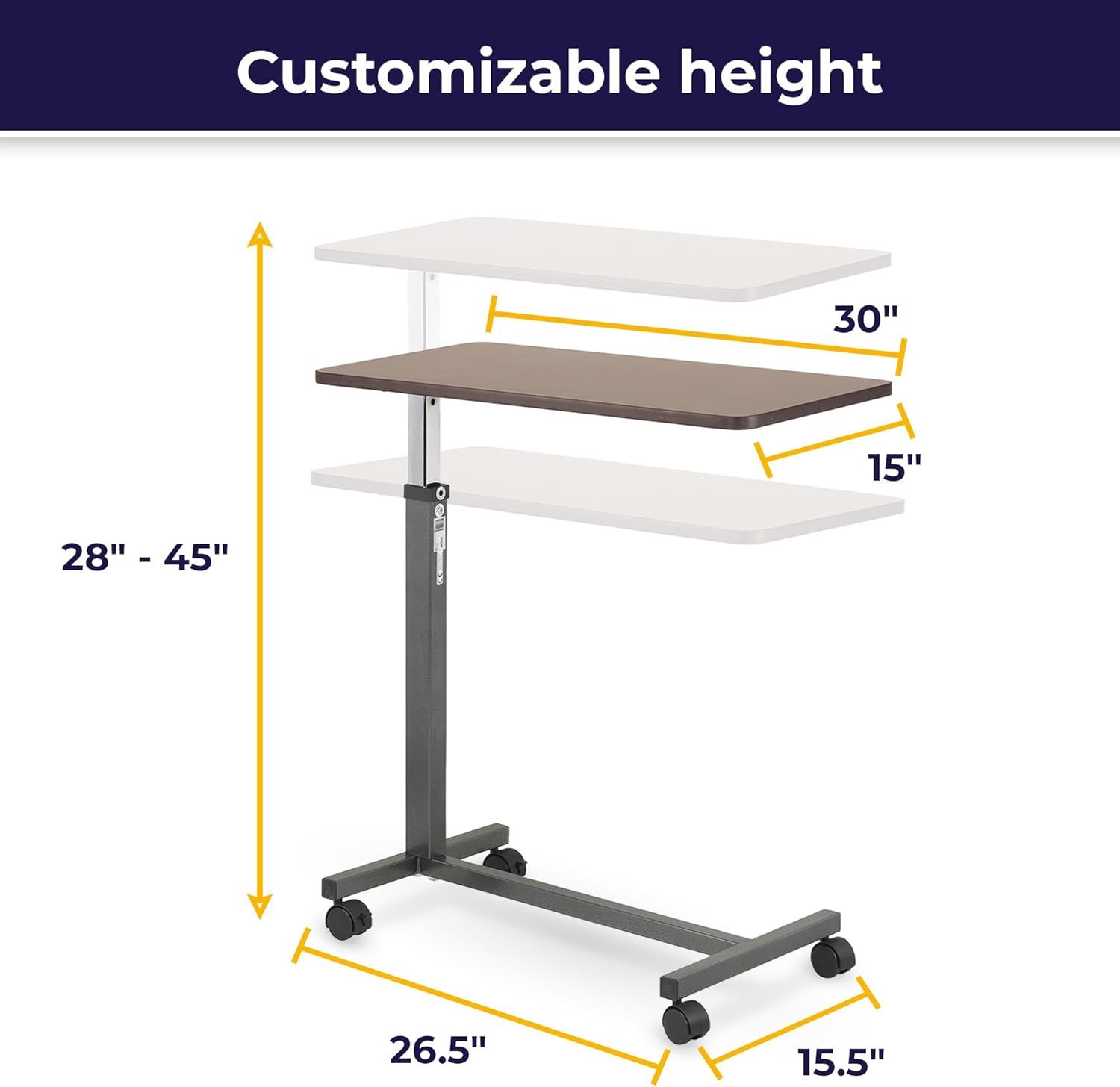 Drive Medical 13067 Non Tilt Top Overbed Table with Wheels and Secure Height Adjustment, FSA/HSA Eligible, Standing Desk or Hospital Tray Table, Bedsi