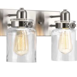 Calhoun Collection 13-1/4 in.2-Light Brushed Nickel Clear Glass Farmhouse Urban Industrial Bathroom Vanity Light