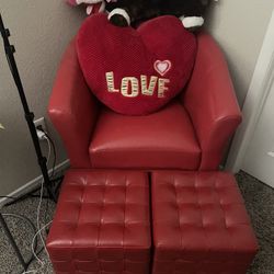 RED CHAIR AND TWO FOOT STOOLS
