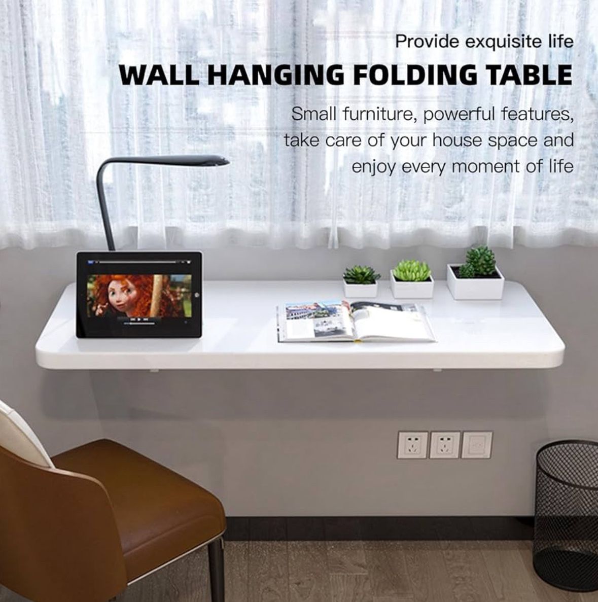 Abamabby Folding Wall Table - Drop Down Wall Mounted Table - Suitable for Office, Study, Bedroom, Kitchen, Dining Room, Laundry and Other Places - Whi