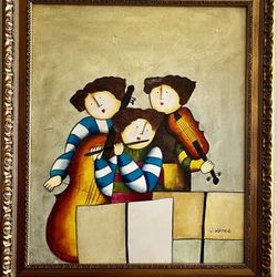 Vintage Whimsical Children Orchestra Musicians Oil Painting on Canvas, Framed 27 1/2"x22”