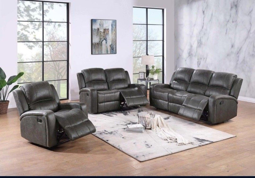 ✅️✅️2 pc smoke leather like fabric sofa and love seat set with recliners on the ends✅️ Recliner Chair Not Included✅️✅️