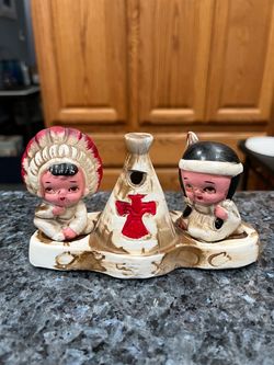 Vintage Ceramic 1950s Indian Boy and Girl with a Teepee Tray pair of Salt and Pepper Shakers. Size approximately tray 5 1/2 inches long and shakers 2