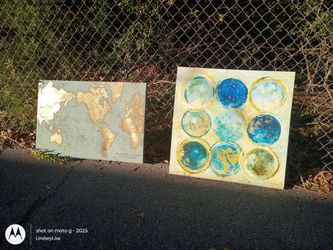 Canvas Art World Map & Abstract Blues And Yellows, Gold, And Greens