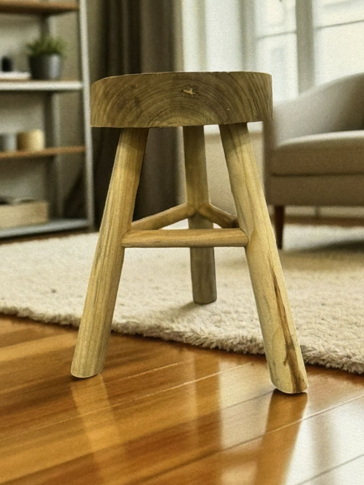 16"H x 11”D Wooden Stool with Live-Edge Round Top
