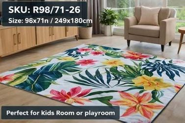 Brand New 98×71 Large Area Rug – Tropical Floral Design, Soft Non-Slip Carpet for Living Room / Bedr