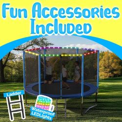 🌞🏡 NEW - 8FT Outdoor Trampoline w/ Safety Net, Ladder & LED Lighting 🎉🤸‍♀️
