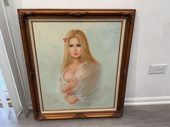 Vintage 1970's oil on canvas painting of semi-nude lady signed by Kemming
