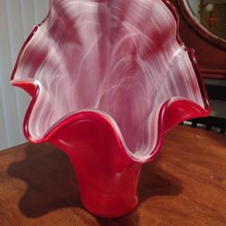Murano, Vintage, Art Glass Handkerchief In Vibrant Red & White Swirl!
