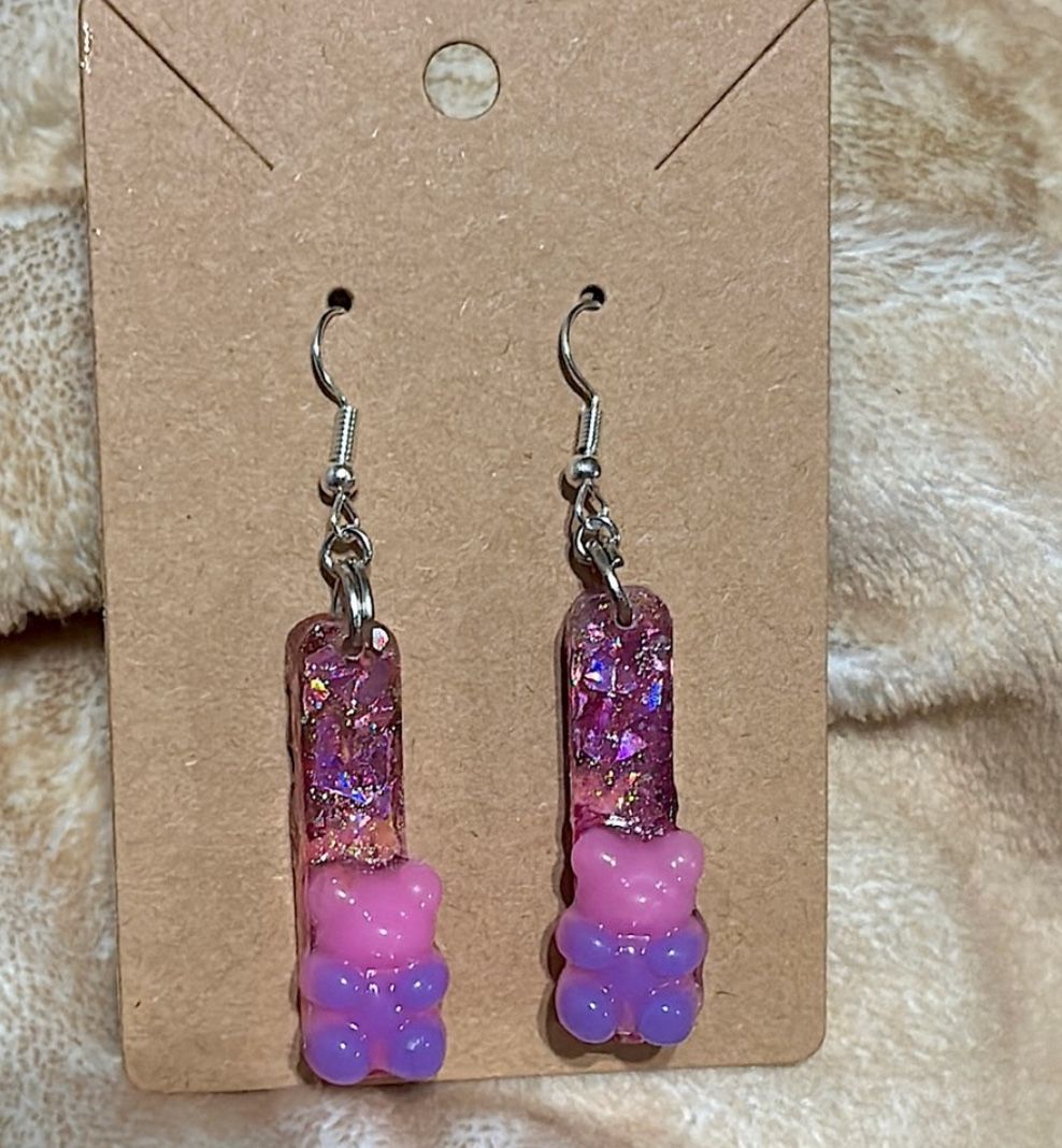Purple And Pink Bear Earrings