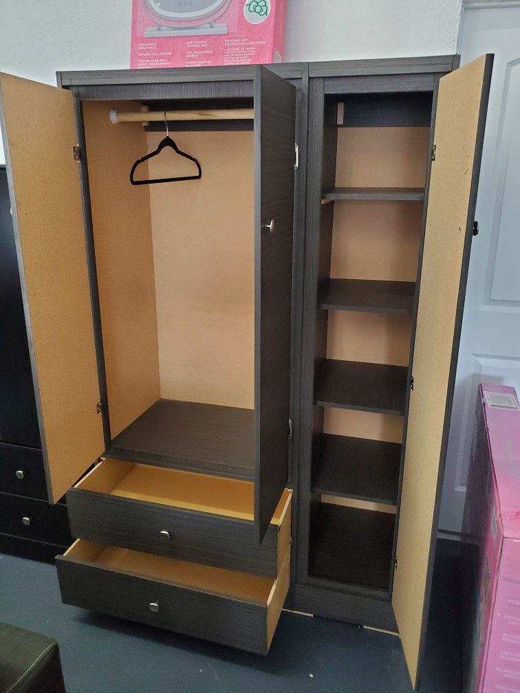New Large Assembled Grey Wardrobe Closet Cabinet With Drawers & Storage Shelving With full Body Lenght Mirror