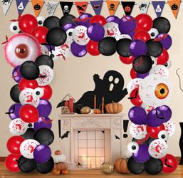 Halloween Balloon Garland Arch Kit 175PCS Set with Black Red Purple Balloons,Eye Balloons,Blood Splatter balloons,Black and Red 3D Bats,Balloon Tools