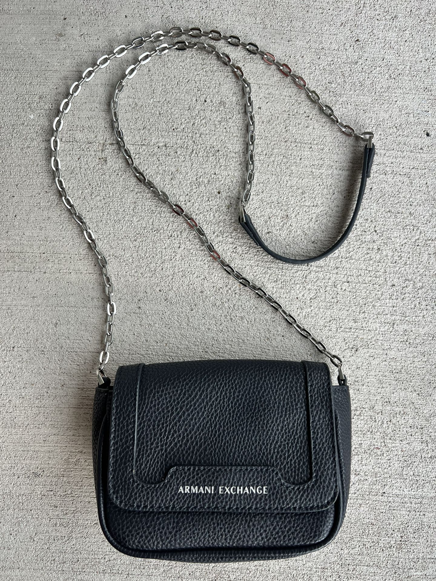 Armani Exchange Black Pebbled Leather Mini Crossbody Bag – A|X – Chain Strap – 70 cm Drop