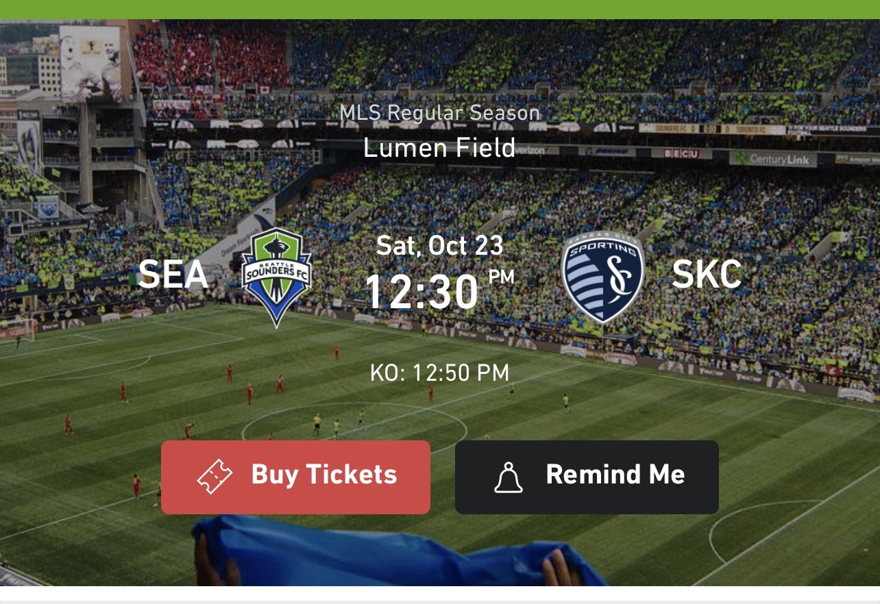 2 tix Sounders v Sporting KC : Sat, 10/23, 12:30pm Section 132