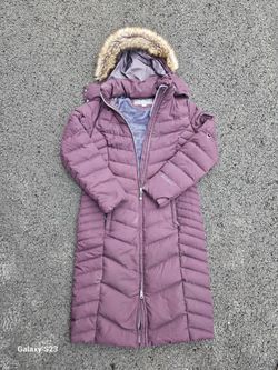 Eddie Bauer Women’s M Long Puffer Coat Purple Faux Fur Hood Quilted Winter Jacket