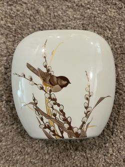 Vintage Otagiri Japan Ceramic Pillow/Moon Bud Vase, Chickadee Bird on Pussywillow Branches