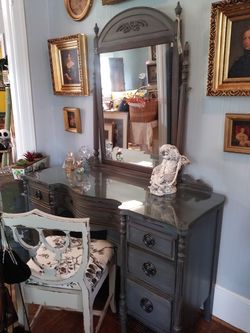 Antique painted/distressed vanity with custom cut glass top