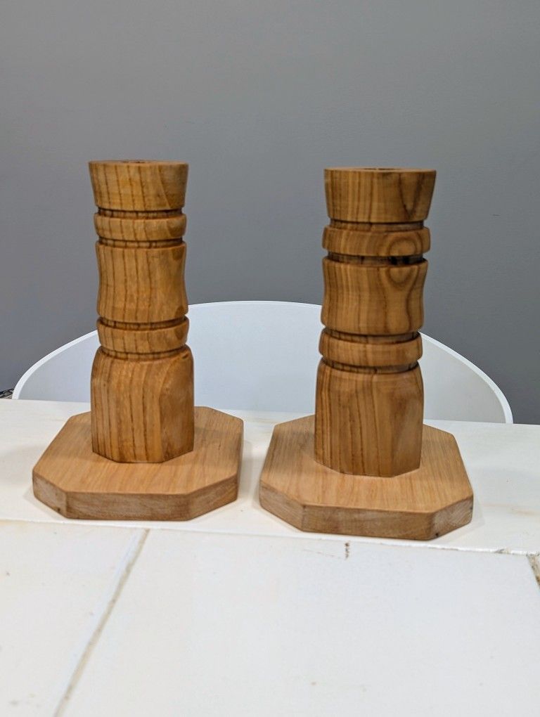 Farmhouse & Boho Style Solid Oak Wood Taper Candle Holders – Rustic Natural Decor Pair