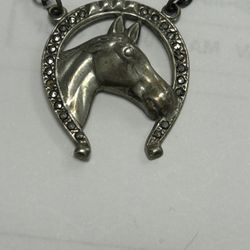 Vintage Sterling Silver Horseshoe And Horse head  Marchisite Tie Clip With chain 