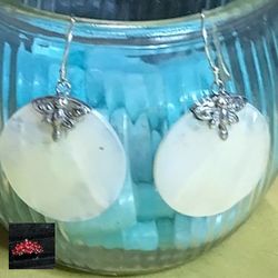 *MOTHER OF PEARL & STERLING *DRAGONFLY* MOTIF. HYPOALLERGENIC STERLING WIRES PIERCED.  LARGE AS  HALF DOLLAR.  EARRINGS (E-112996) .