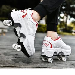 Double-Row Deform Wheel Automatic Walking Shoes Invisible Deformation Roller Skate 2 in 1 Removable Pulley Skates Skating Parkour