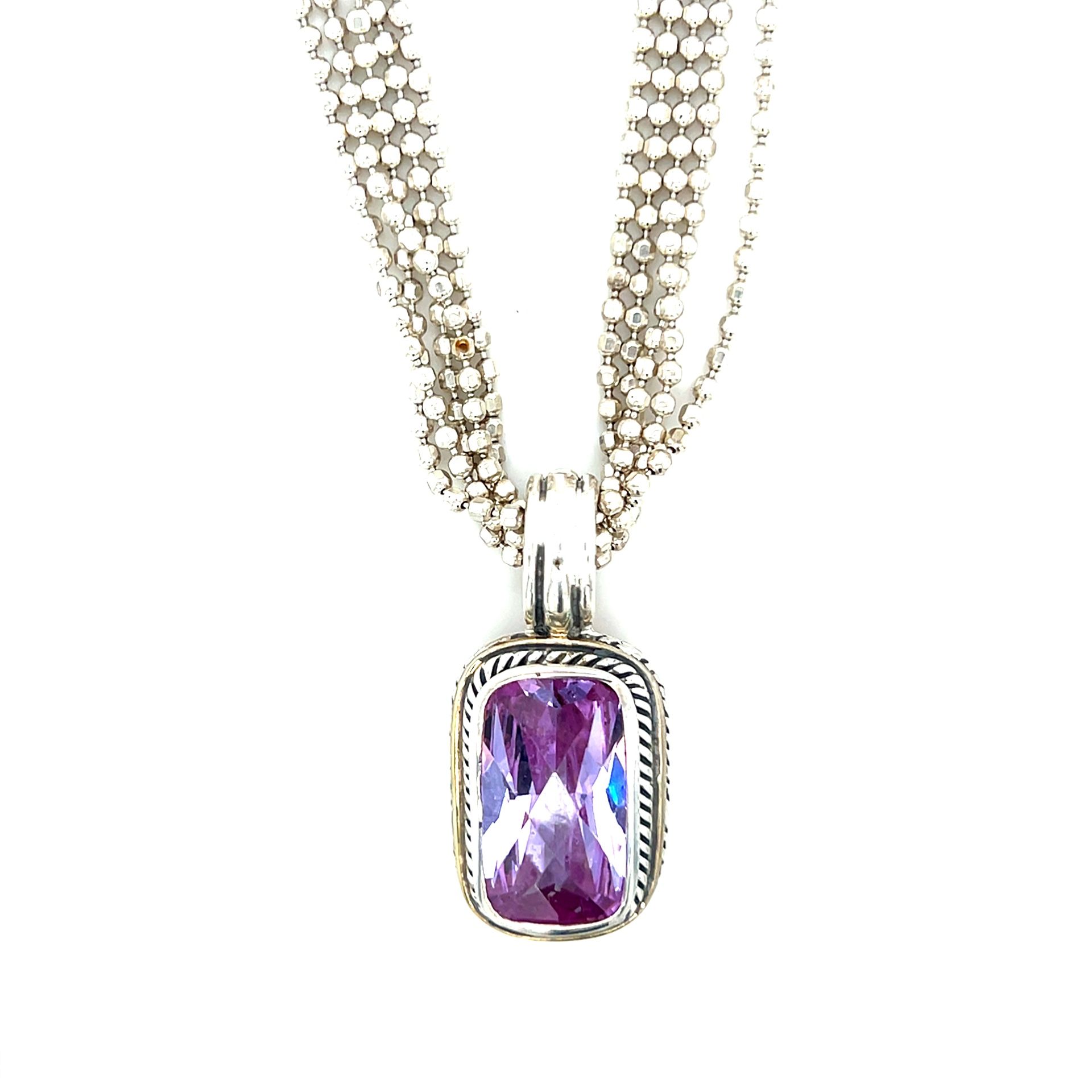 925 Silver Multi-Strand Amethyst Pendant with Gold Accent Necklace