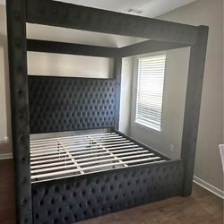 Brand New Black Upholstered Canopy King And Queen Size Bed - Mattress 