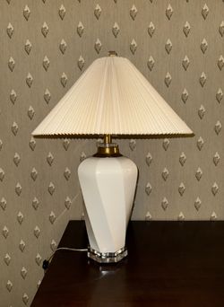 Large white ceramic table lamp with pleated shade & acrylic base 29”