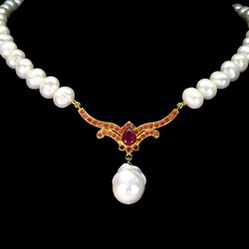 GENUINE! NEW! HEATED CABOCHON PEAR SHAPED RUBY,BAROQUE &CULTURED PEARL  925 SILVER GLD PLTD NECKLACE 16.5 IN ADJUSTABLE