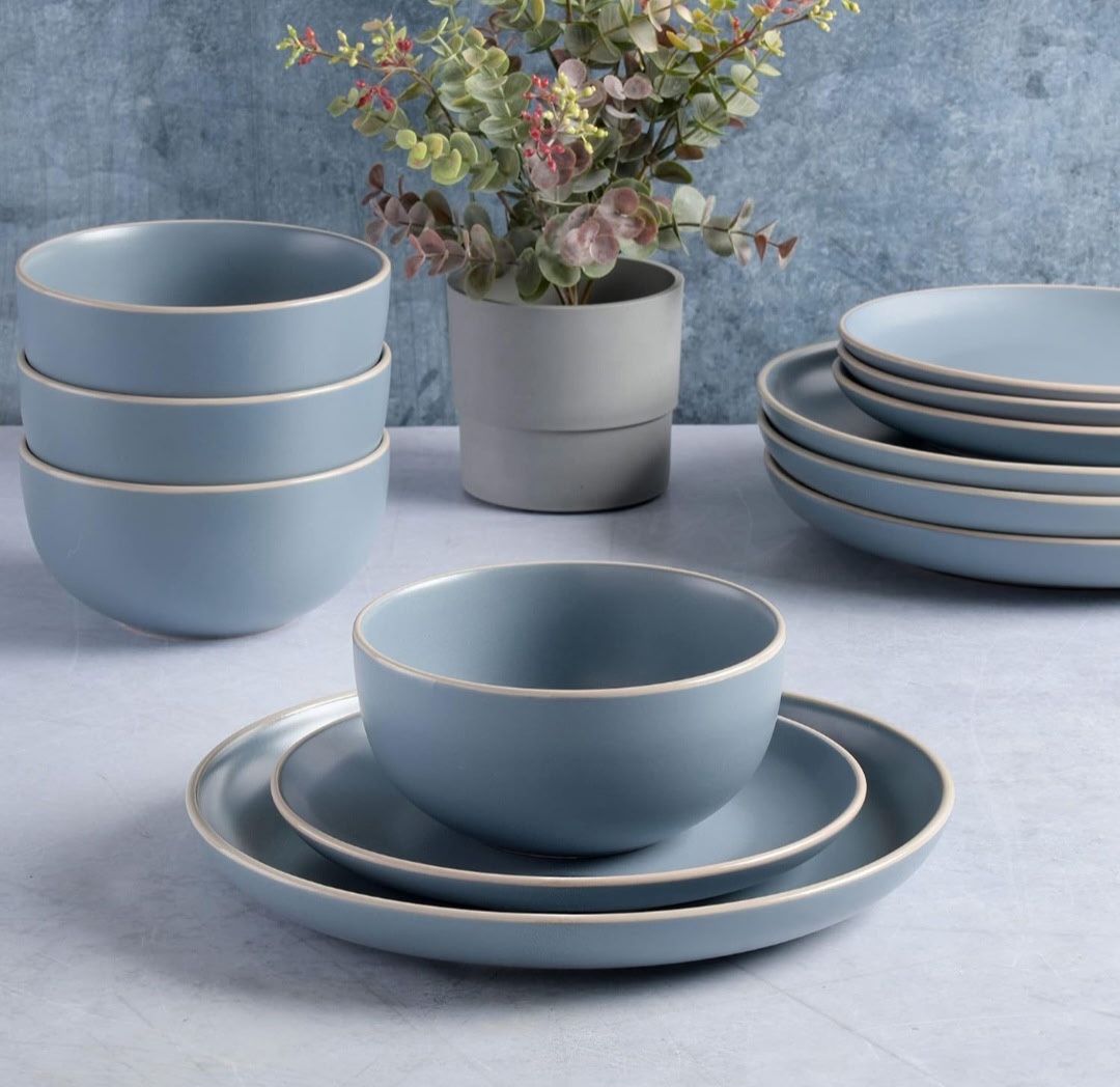 12-Piece Gibson Home Rockaway Dinnerware Set – Matte Blue