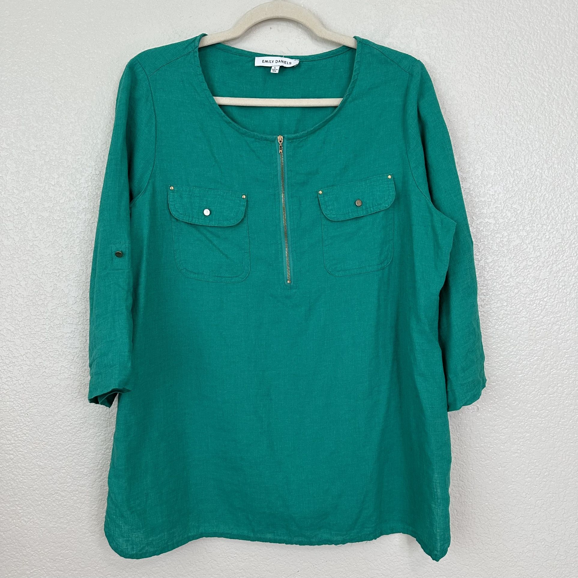 Emily Daniel Linen Blend 3/4 Sleeves Green Tunic Top, Sz Large