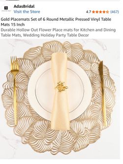 Gold Placemats Set of 6 Round Metallic Pressed Vinyl Table Mats 15 Inch