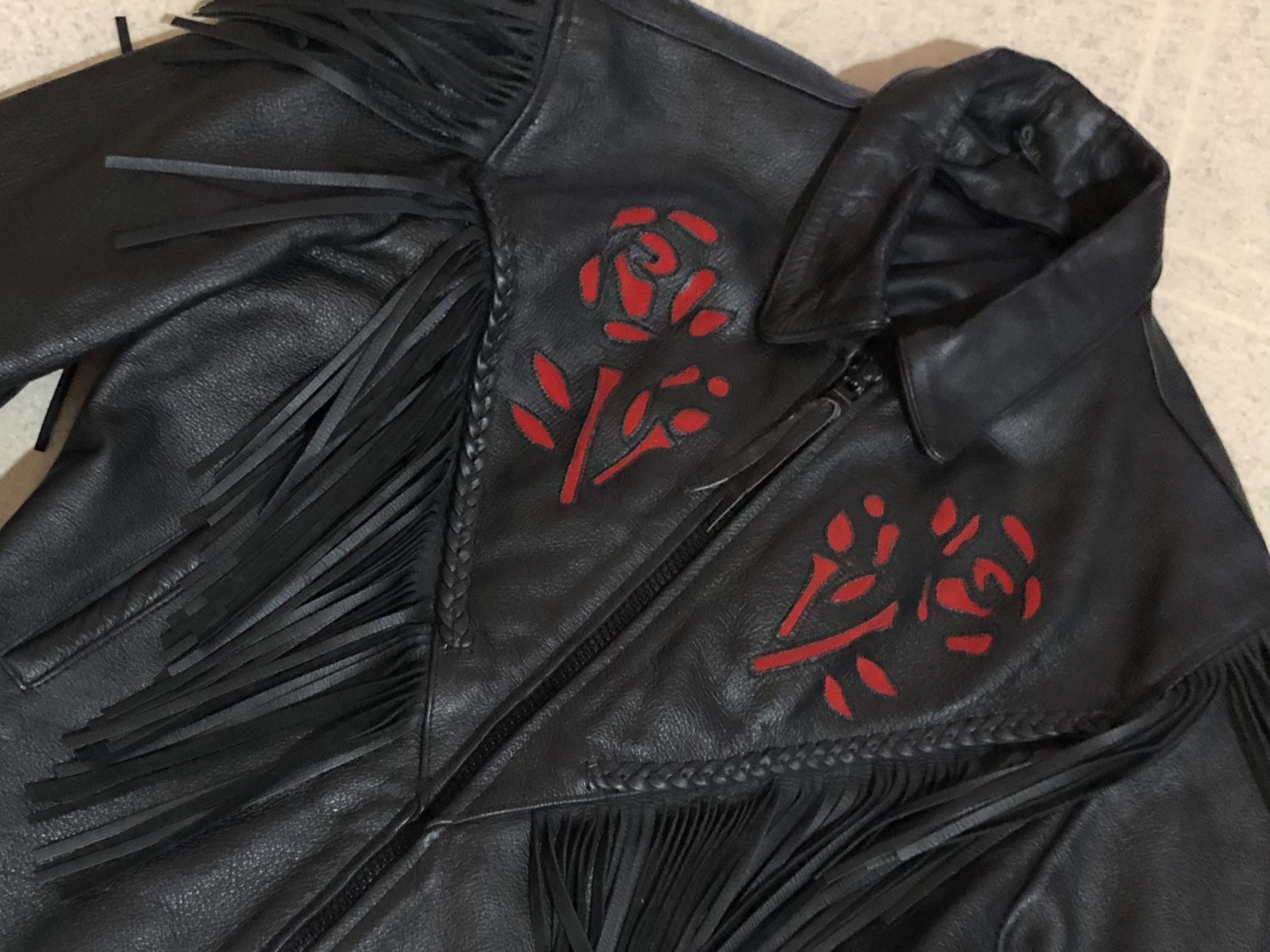 Red Rose Vintage Style Black Leather Motorcycle Jacket Xl