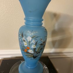 Antique Victorian Hand Blown,Hand Painted Blue Glass Vase 9.5” T