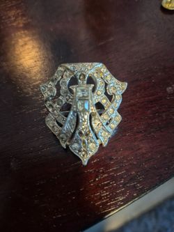 Vintage 1930s Art Deco Scarf Slide Sash Buckle Signed T&G - Clear Rhinestone Geometric Shield Pot Metal