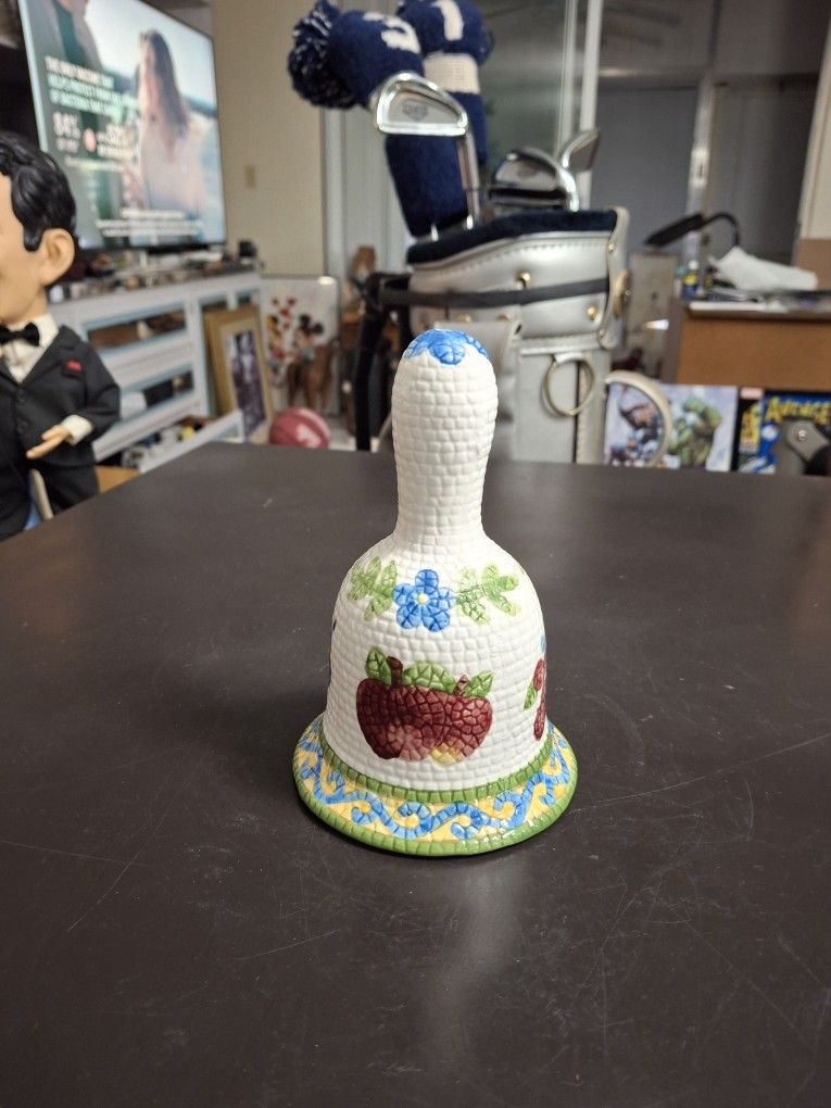 Large Hostess Bell π Mosaic Textured Pottery With Fruit Design 6"H X 4"W