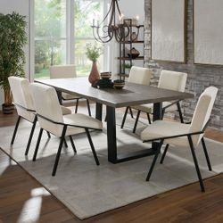 Beautiful 6 Pc Dining Set With 6 White Fabric Chairs (New)