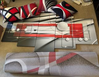 Modern Abstract Red, Black, and Grey Rug, 5-Piece Wall Art, and Throw Pillows Set