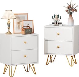 White Nightstand Set of 2, White and Gold Night Stand with 2 Drawers, Modern End Table with Metal Legs and Gold Handles, Bedside Table for Bedroom, Ha