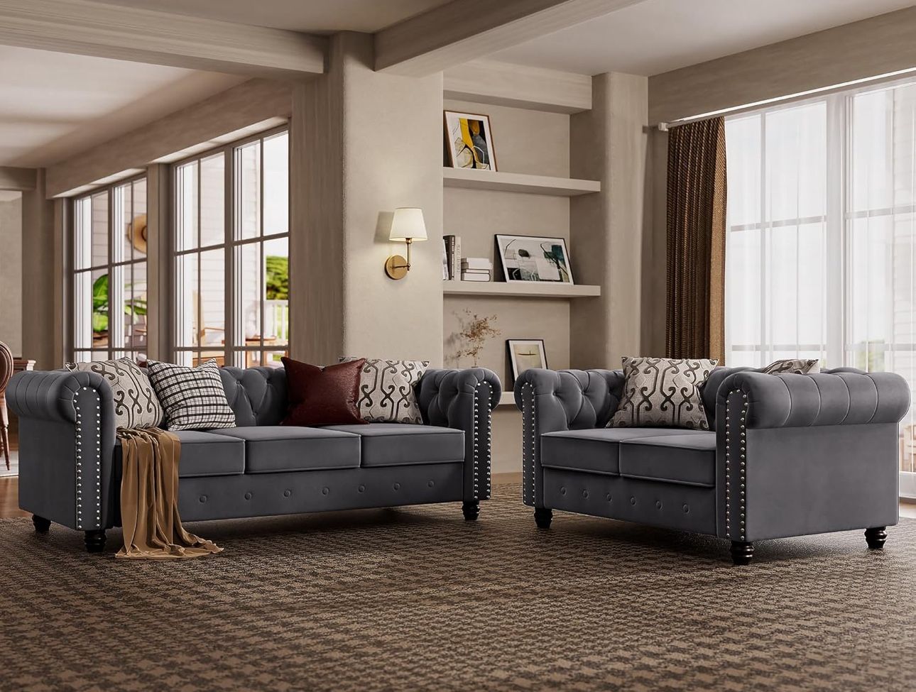 2 Piece Classic Chesterfield 5-Seater Set, Tufted Loveseat & Sofa Furniture Solid Wood Legs Thick Cushion, Pet-Friendly Couch Set for Living Room Bedr