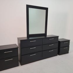 Black Dresser With Mirror And Two Nightstands 💫 Cómoda Con Espejo Y Mesitas De Noche Color Negro 