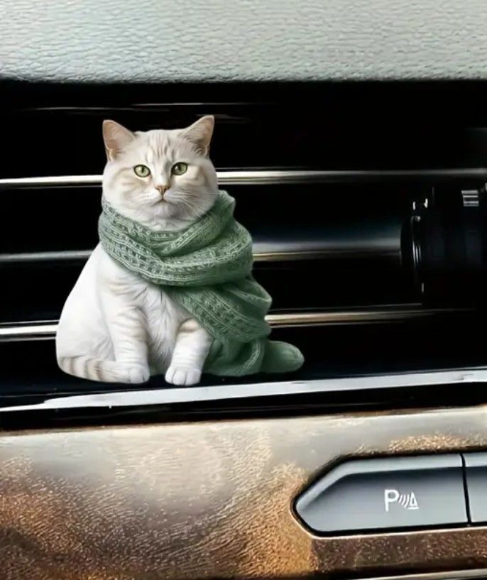 Cute 3D Print White Tabby Cat With Scarf Car Air Freshner Vent Clip