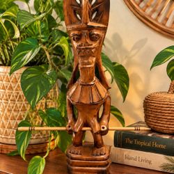 Vintage Mid Century Tiki Statue Hand Carved Wood Tribal Totem Figure  Collectible Statue Protector MISSING Spear