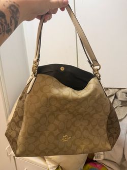 Coach Signature C Khaki Brown Shoulder Bag – Gold Hardware – Large 3 Compartment Purse