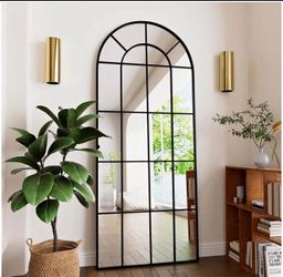 Arched Full Length Mirror 70"x26" Black Windowpane Floor Mirror,Metal Frame Grid Full Body Mirror Wa