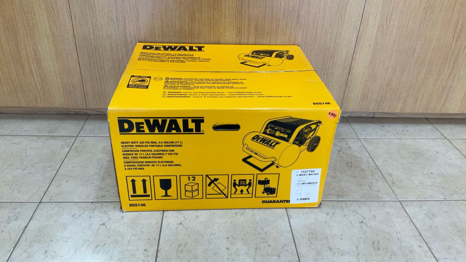 DEWALT D55146 HEAVY-DUTY 225 PSI MAX, 4.5 GALLON ELECTRIC WHEELED PORTABLE COMPRESSOR.