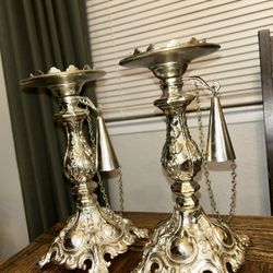 Vtg Baroque Hollywood Regency Silver Plated Set Candle Holders Ornate W/ Snuffer